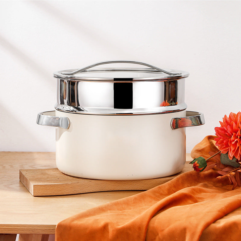 304 Stainless Steel Ceramic Paint Triple-Layer Thickened Milk Pot/Soup Pot with Steamer Set